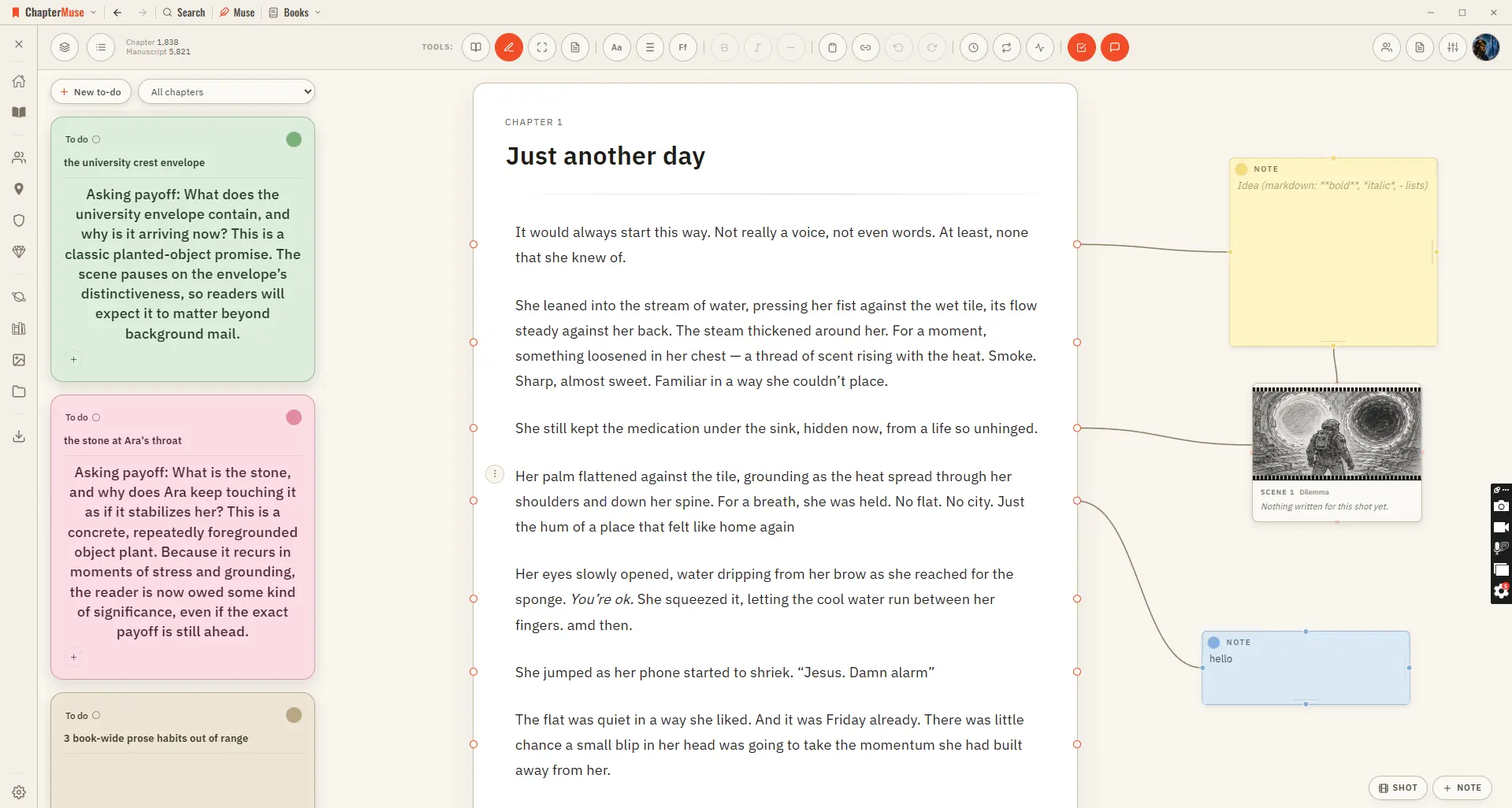 Chapter notes and the to-do side panel, beside the page