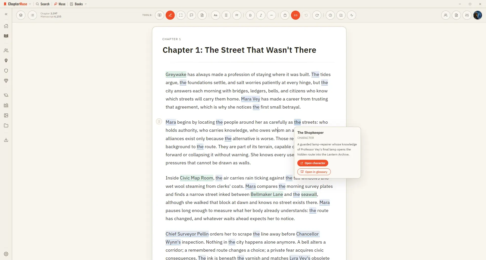 Your story world, linked in the prose